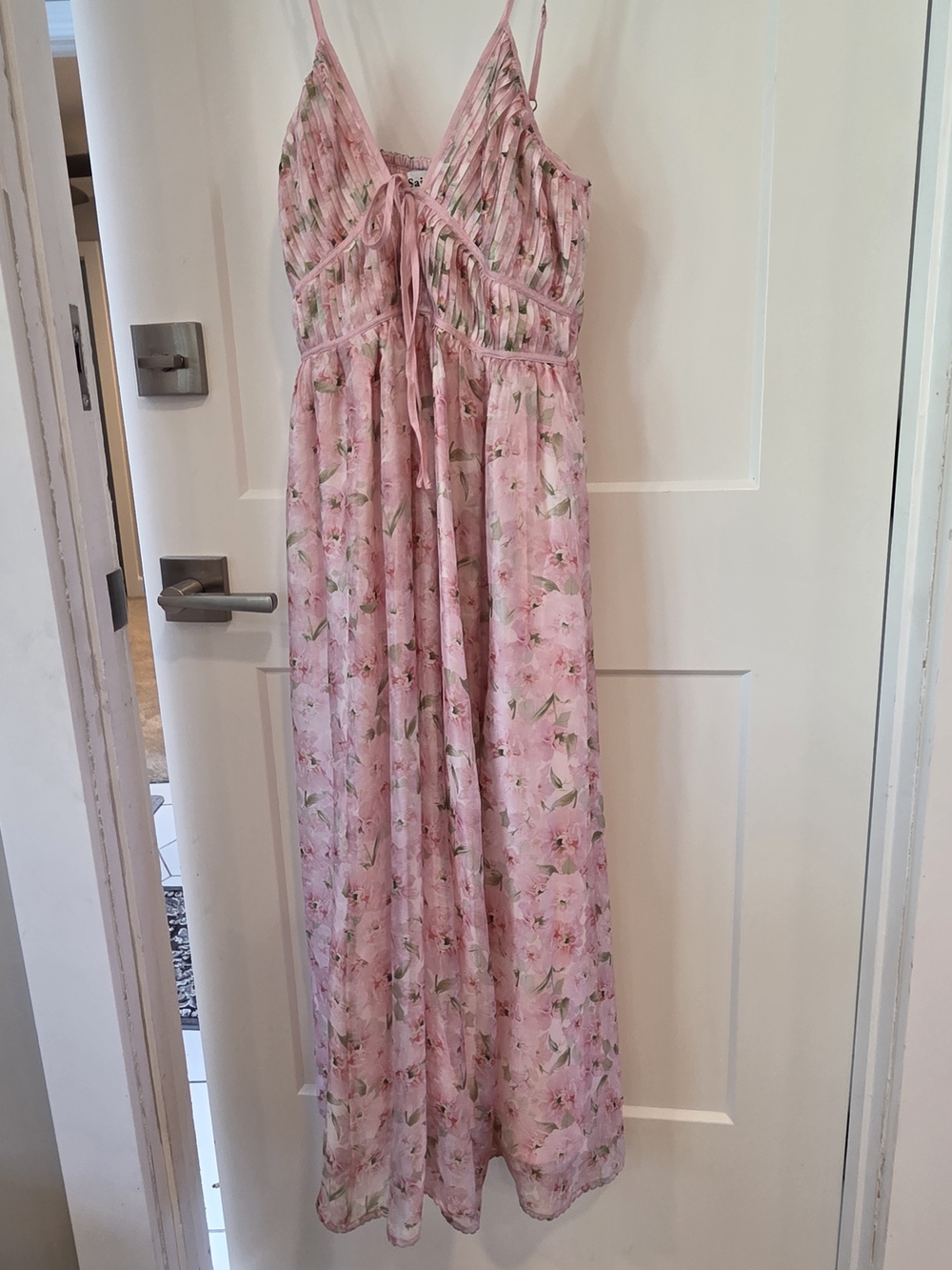 En Saison Pink Floral Maxi Dress S Pleated Bust Tie Front Cottagecore Coquette
